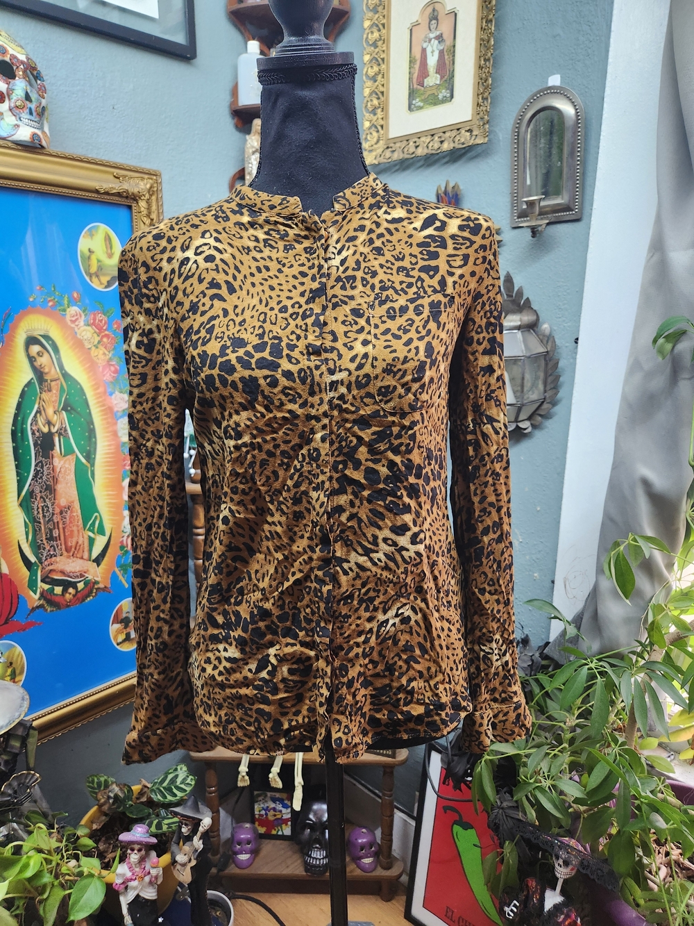 Splash Leopard-Print Button-Front Blouse in Brown and Black